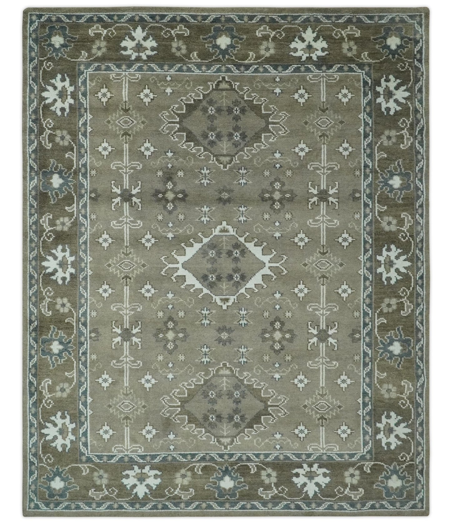 Antique look Grayish-Green and Ivory Hand Knotted Traditional Heriz Custom Made wool Area Rug