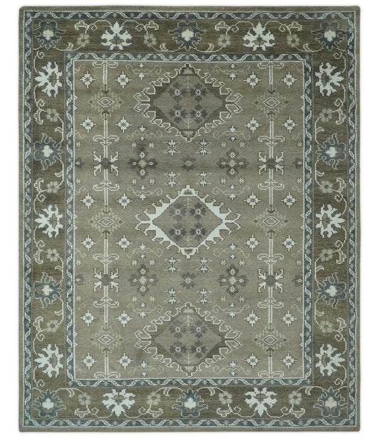 Antique look Grayish-Green and Ivory Hand Knotted Traditional Heriz Custom Made wool Area Rug