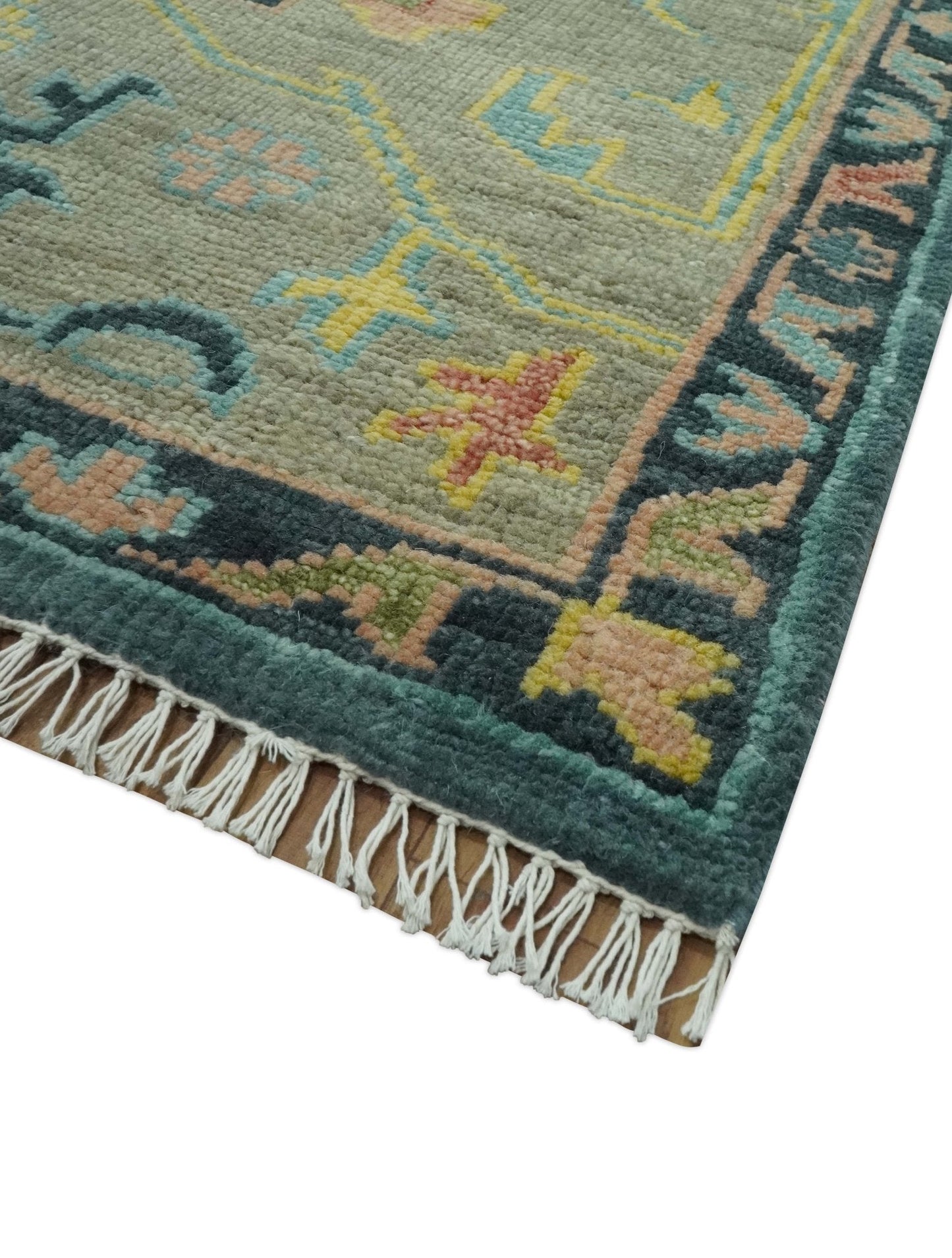 Antique look Teal and Olive Hand Knotted Traditional Oushak Custom Made wool rug