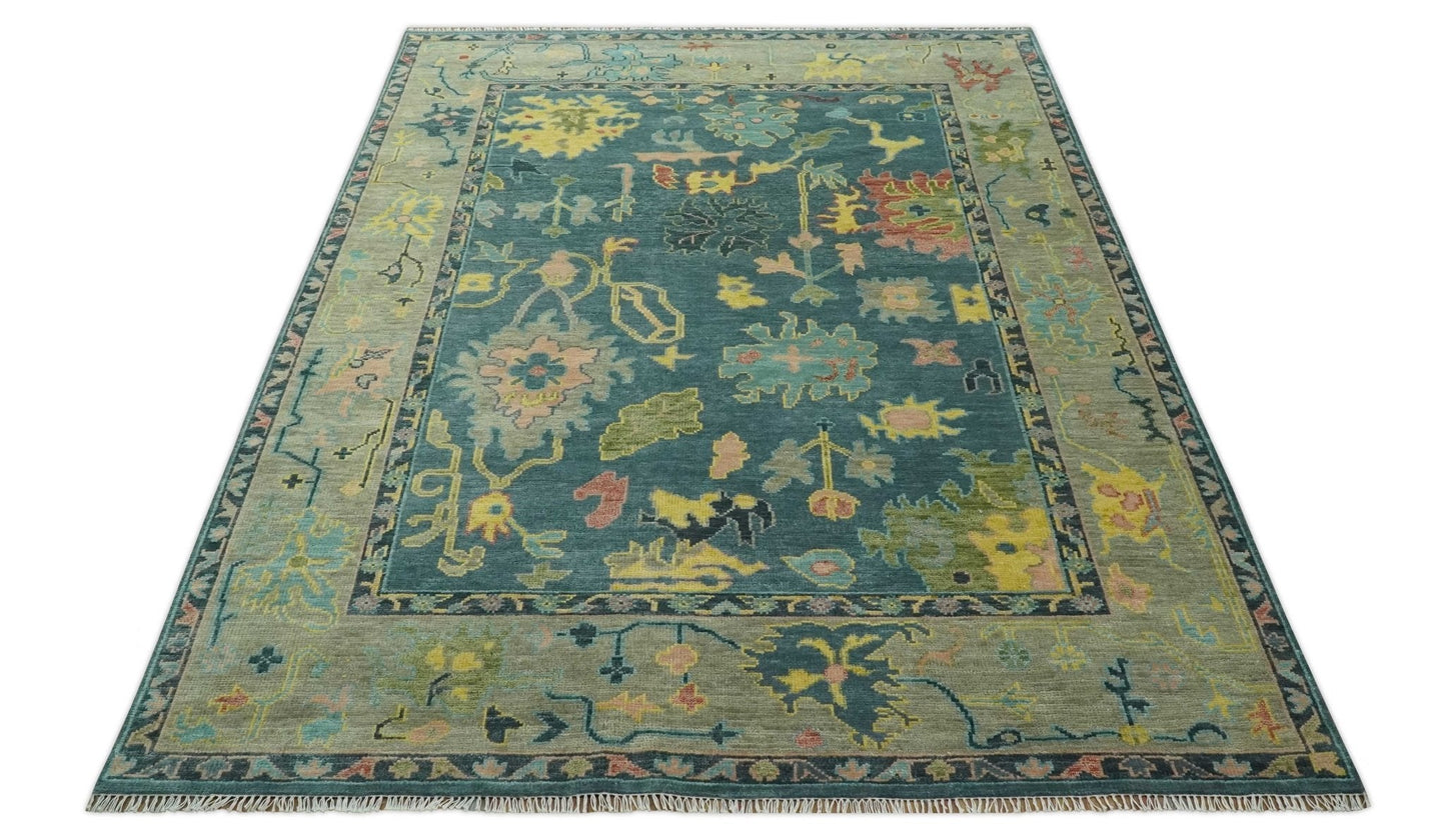 Antique look Teal and Olive Hand Knotted Traditional Oushak Custom Made wool rug