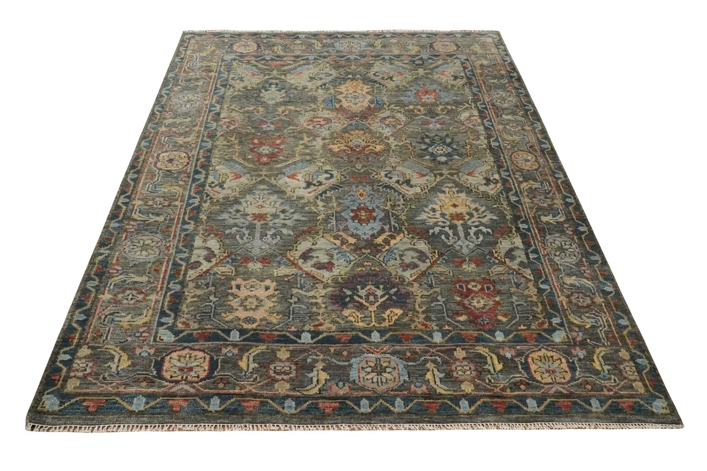 Antique Moss All Wool Traditional Oushak Charcoal, Brown and Blue Hand knotted Custom Made wool Area Rug