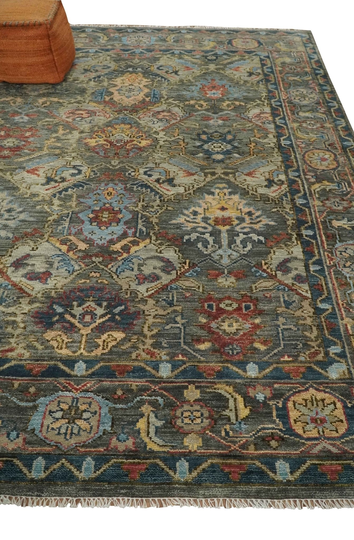 Antique Moss All Wool Traditional Oushak Charcoal, Brown and Blue Hand knotted Custom Made wool Area Rug