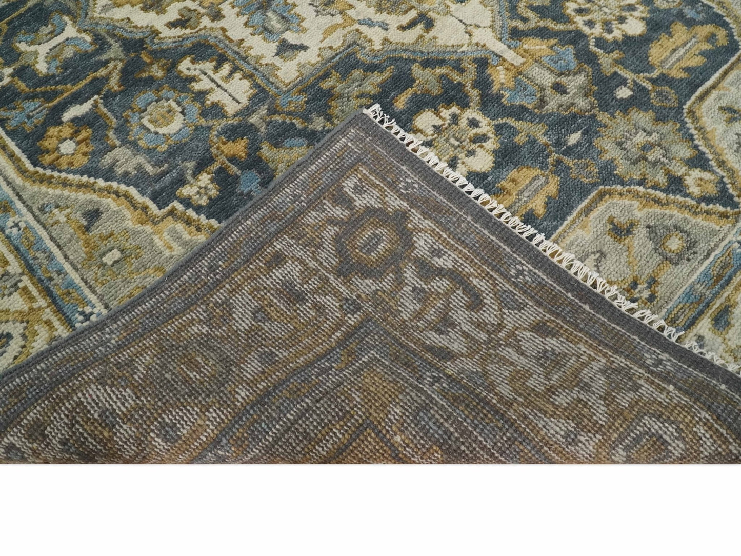 Antique Muted Traditional Heriz Serapi Medallion Blue ,Beige and Brown Hand knotted Custom made wool Area Rug