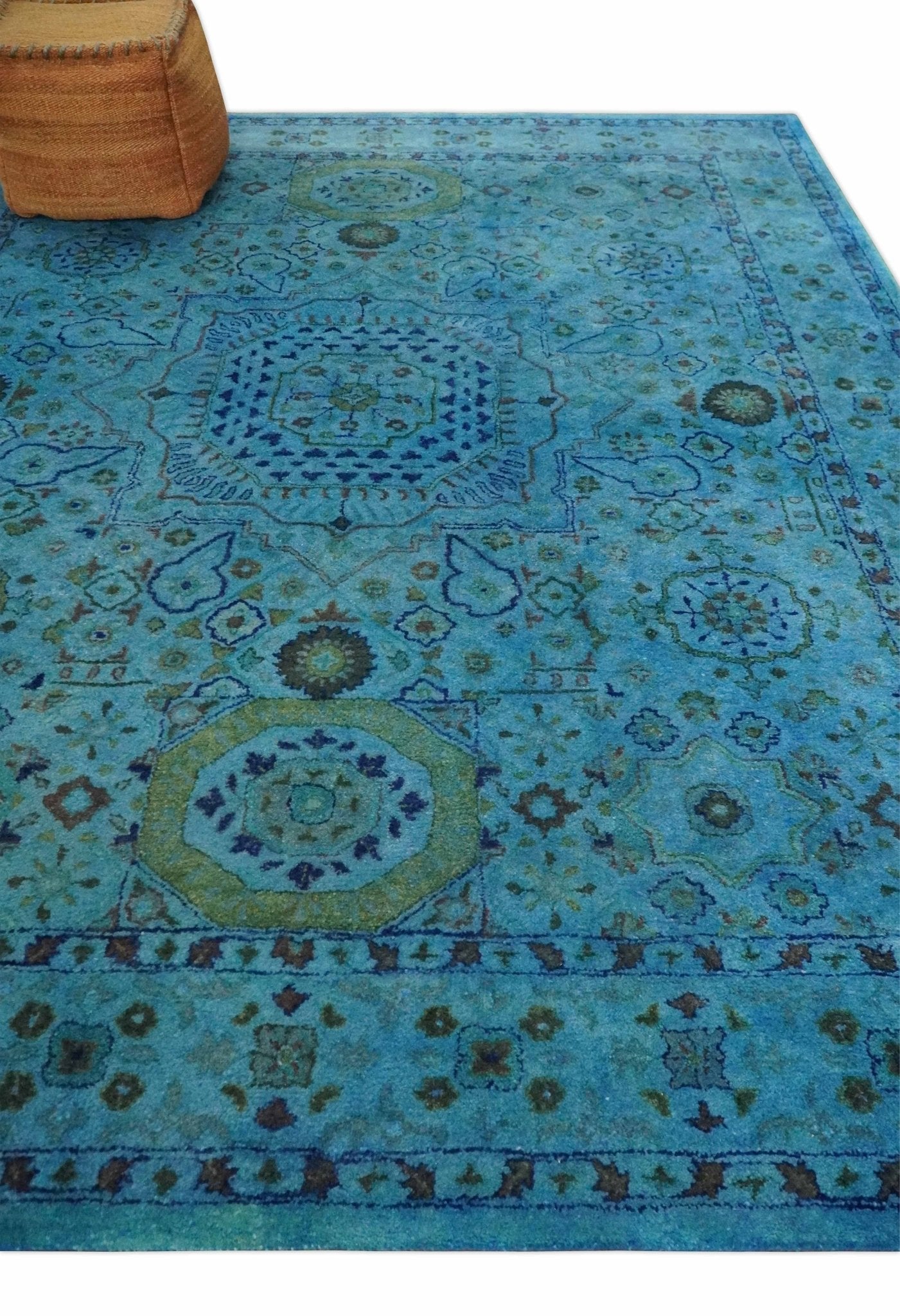 Antique look Traditional Mamluk design Hand Tufted Blue Overdyed Custom Made Wool Area Rug