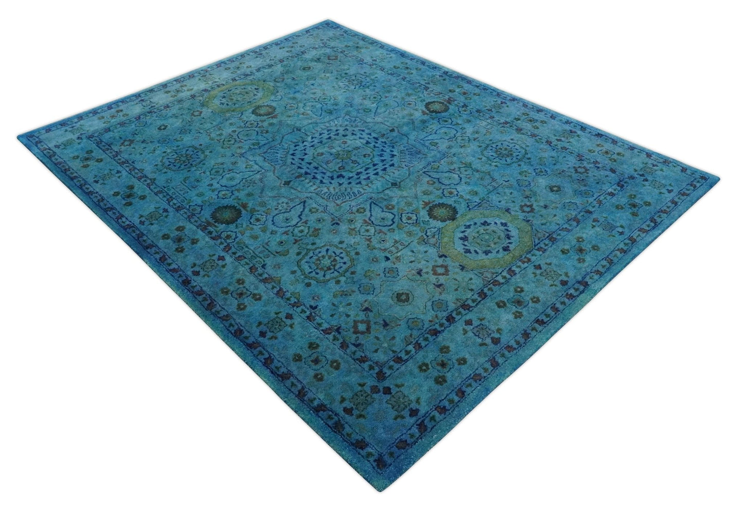 Antique look Traditional Mamluk design Hand Tufted Blue Overdyed Custom Made Wool Area Rug