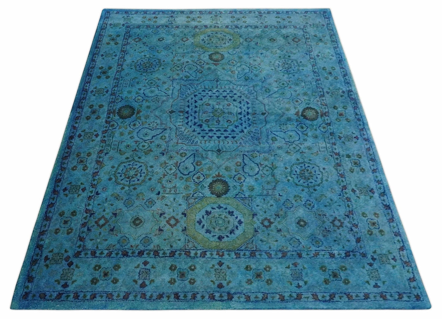 Antique look Traditional Mamluk design Hand Tufted Blue Overdyed Custom Made Wool Area Rug