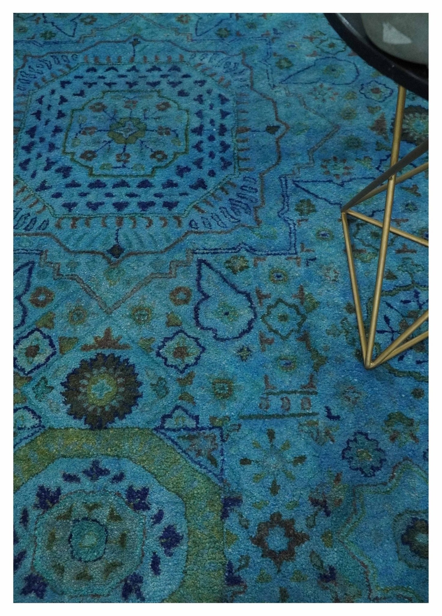 Antique look Traditional Mamluk design Hand Tufted Blue Overdyed Custom Made Wool Area Rug