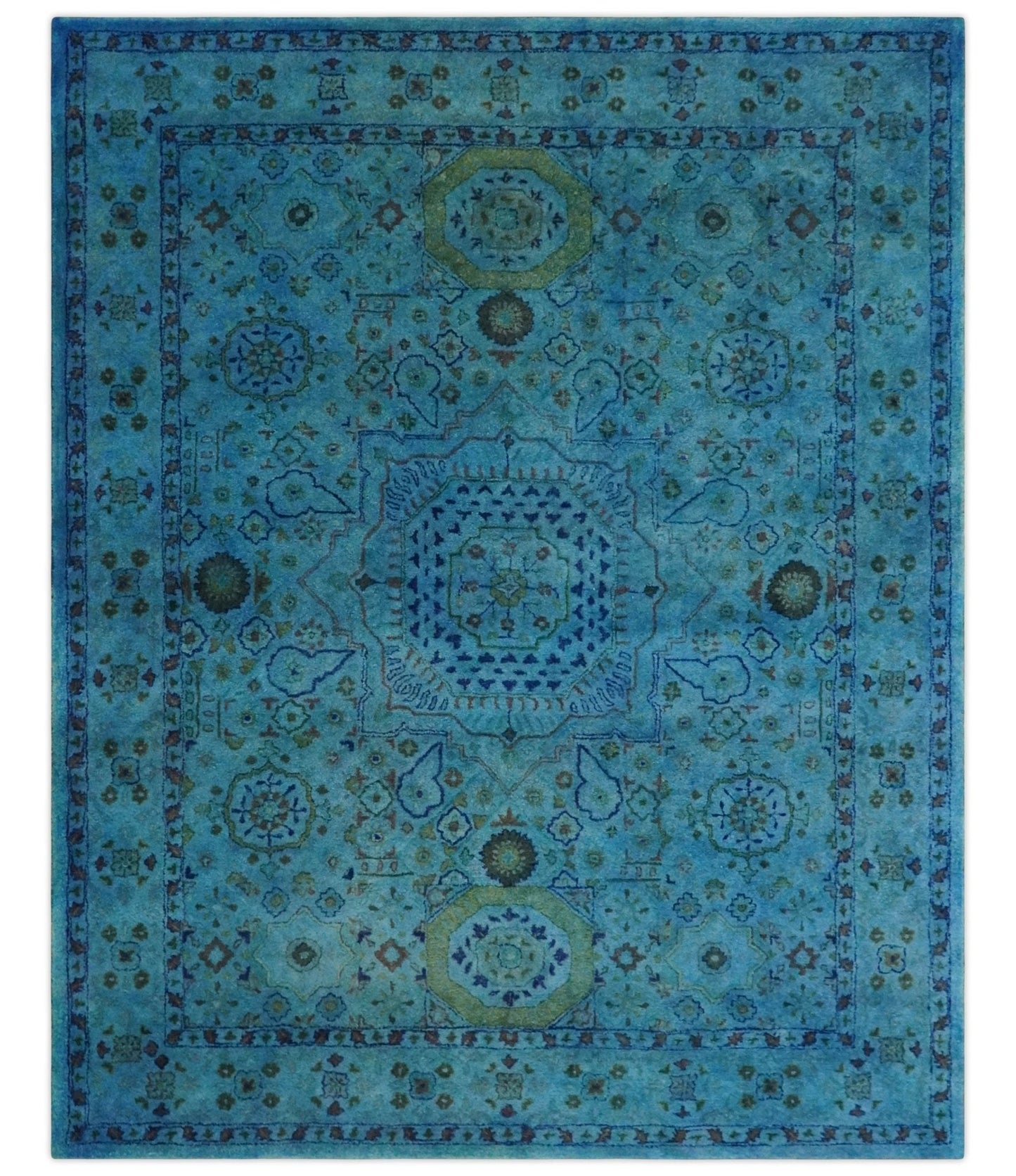 Antique look Traditional Mamluk design Hand Tufted Blue Overdyed Custom Made Wool Area Rug