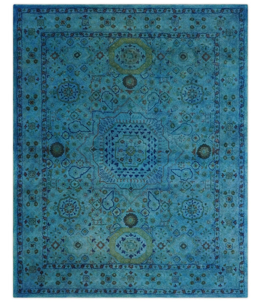 Antique look Traditional Mamluk design Hand Tufted Blue Overdyed Custom Made Wool Area Rug