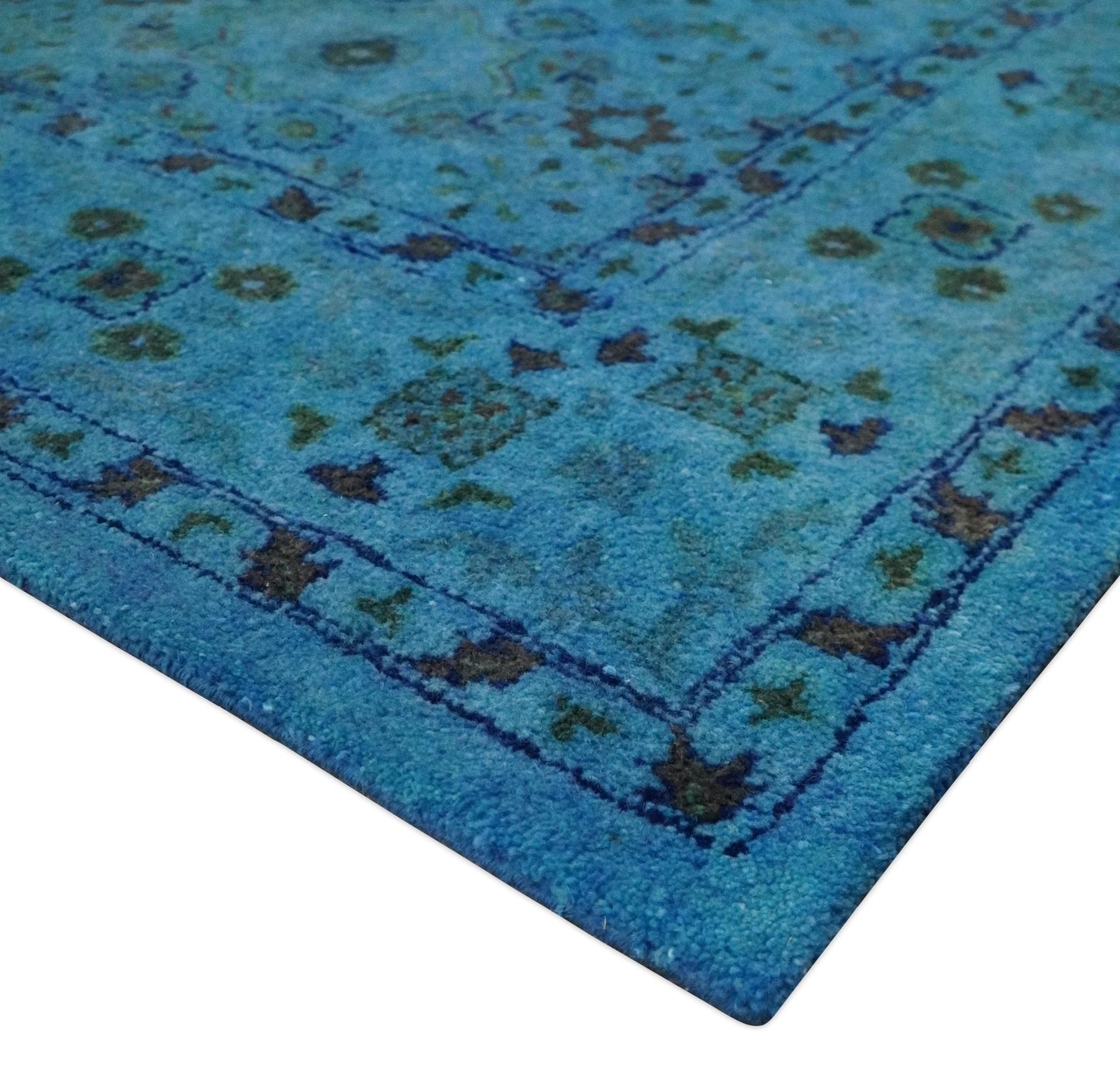 Antique look Traditional Mamluk design Hand Tufted Blue Overdyed Custom Made Wool Area Rug