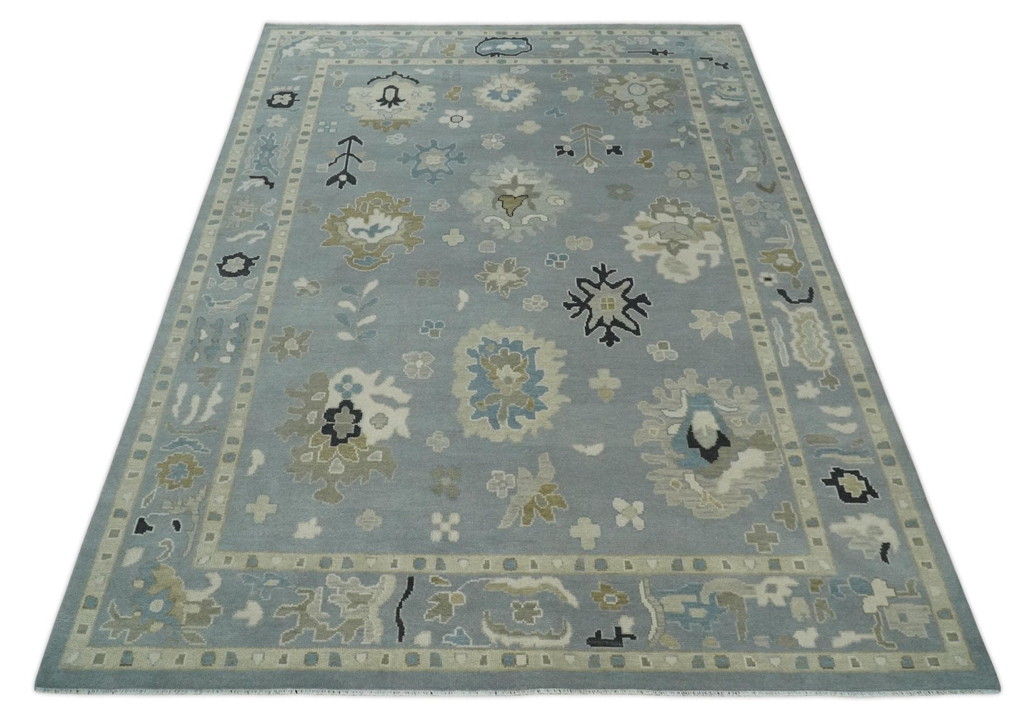 Custom Made Antique look Silver, Beige Hand Knotted Traditional Oushak Wool Area Rug