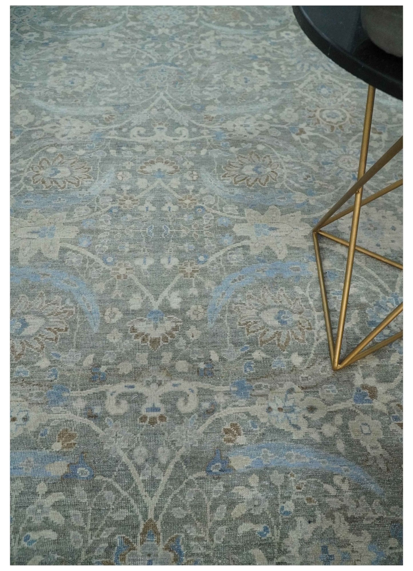 Antique Style Blue, Gray and Beige Hand knotted Classic Distressed Finished Custom Made wool Area Rug