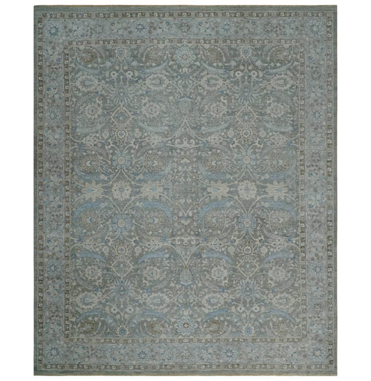 Antique Style Blue, Gray and Beige Hand knotted Classic Distressed Finished Custom Made wool Area Rug