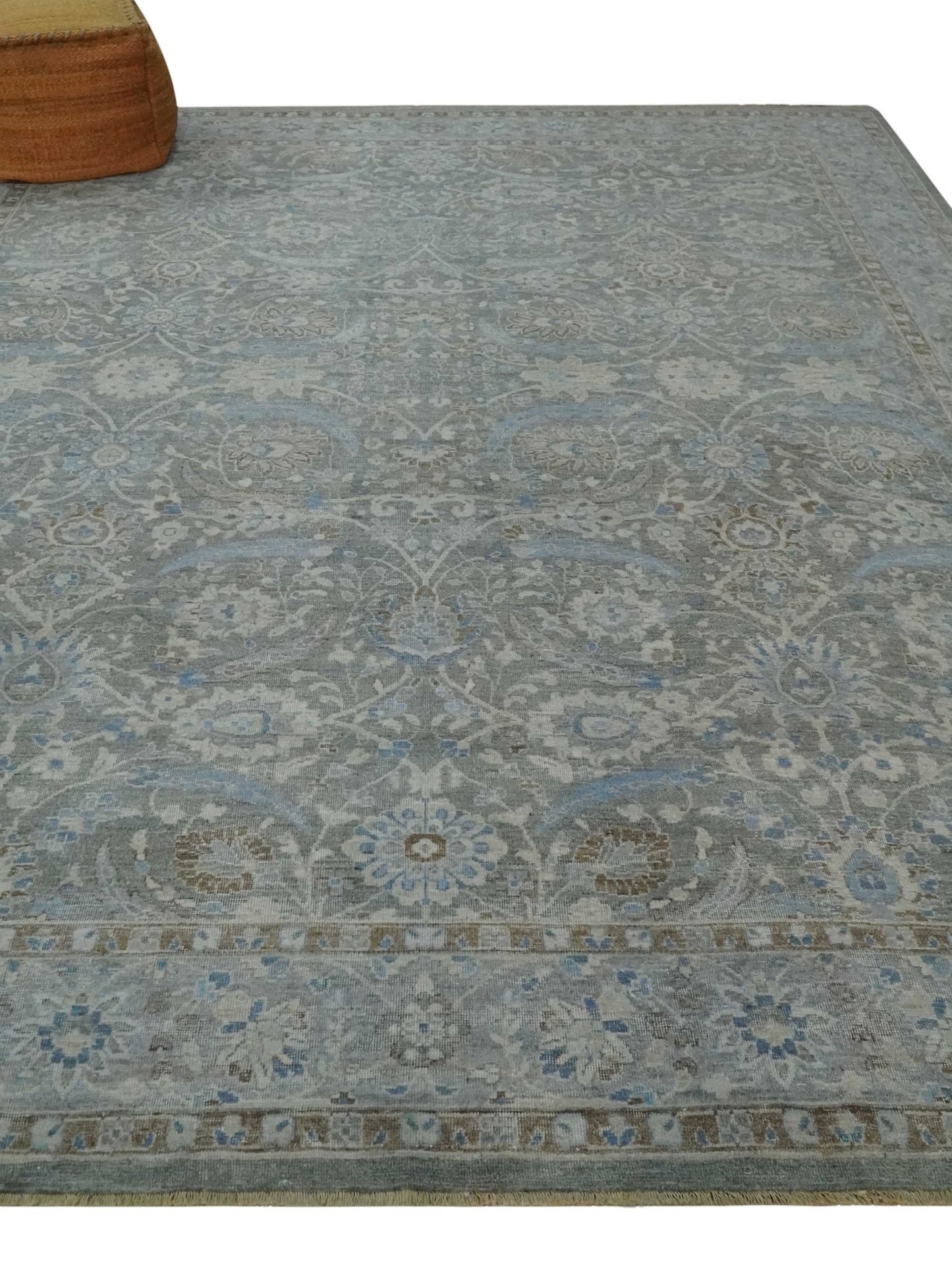 Antique Style Blue, Gray and Beige Hand knotted Classic Distressed Finished Custom Made wool Area Rug