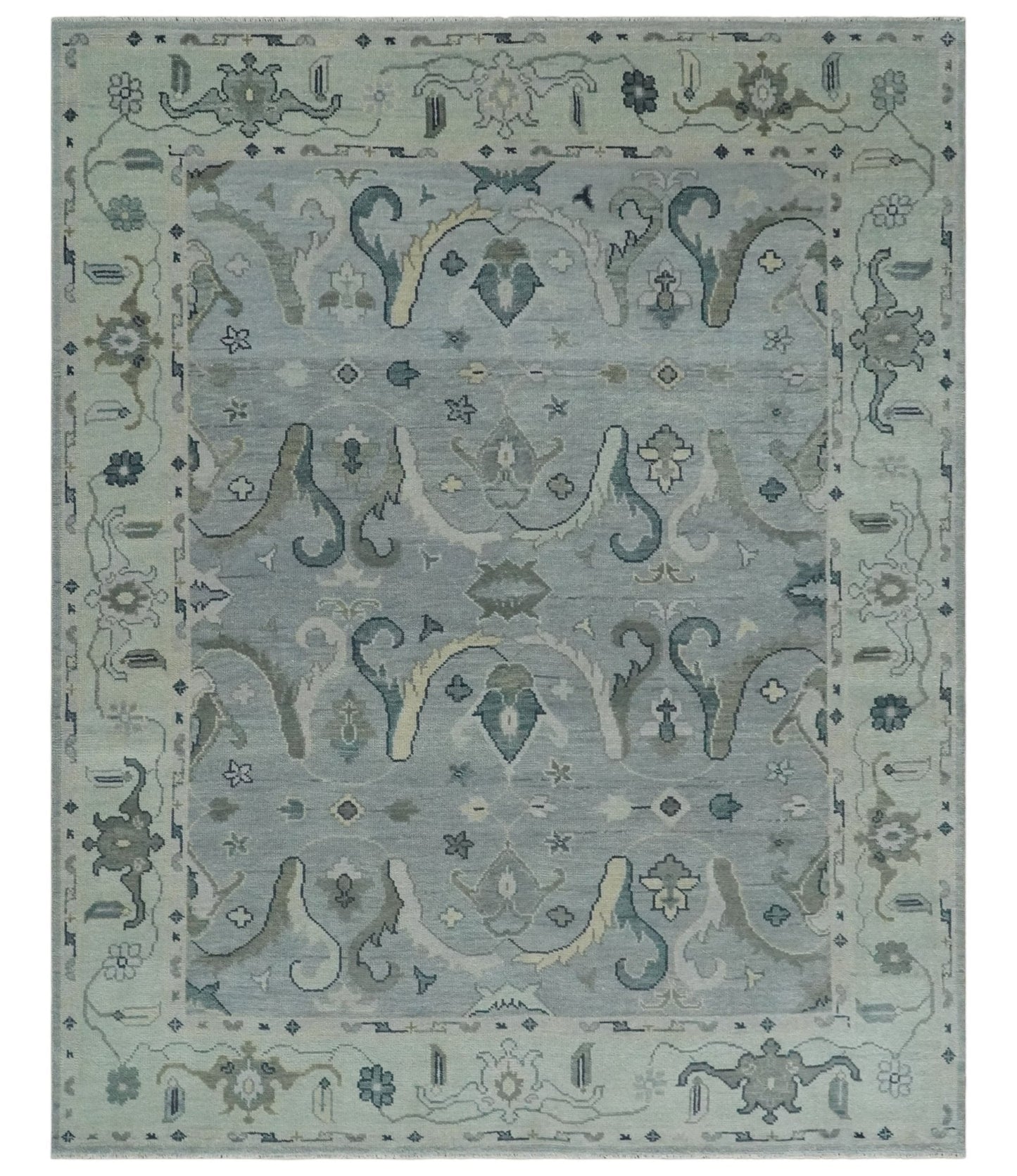 Antique Style Custom Made Charcoal, Silver and Green Hand Knotted Oriental Oushak Wool Area Rug