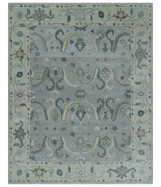 Antique Style Custom Made Charcoal, Silver and Green Hand Knotted Oriental Oushak Wool Area Rug