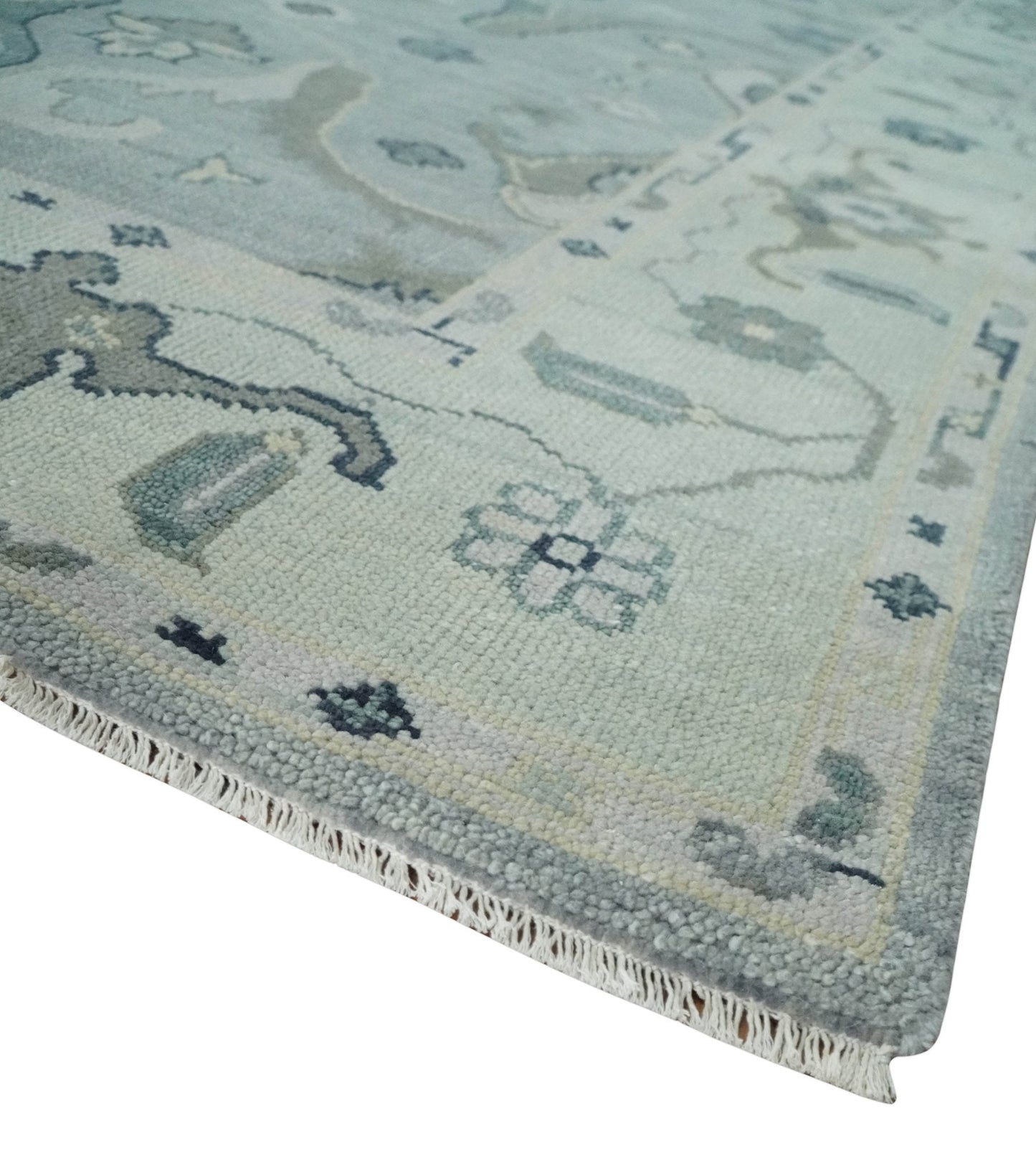 Antique Style Custom Made Charcoal, Silver and Green Hand Knotted Oriental Oushak Wool Area Rug