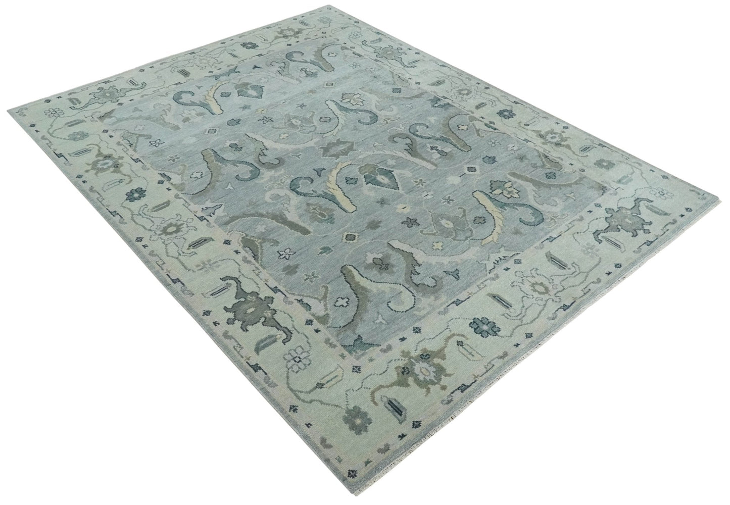 Antique Style Custom Made Charcoal, Silver and Green Hand Knotted Oriental Oushak Wool Area Rug