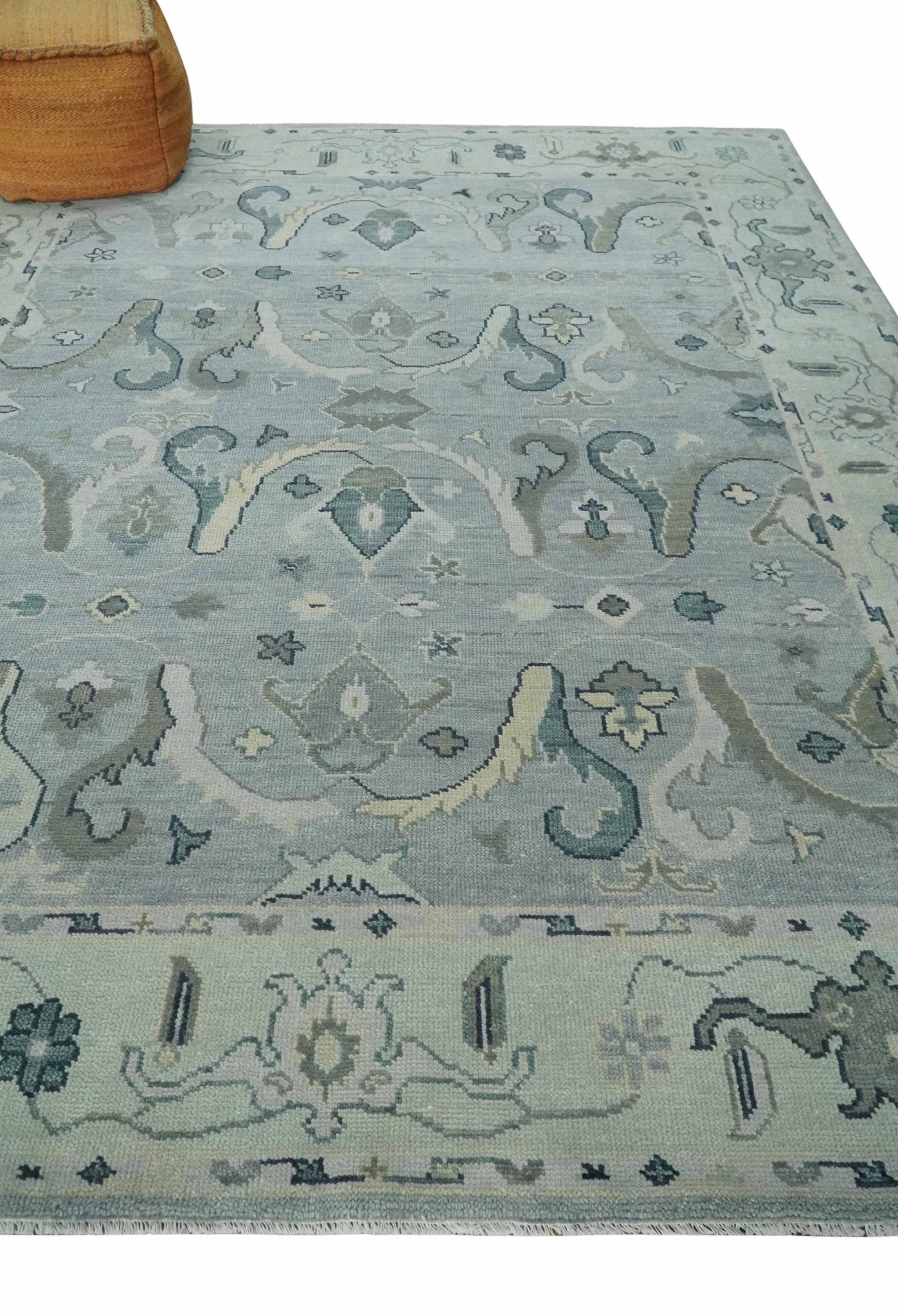 Antique Style Custom Made Charcoal, Silver and Green Hand Knotted Oriental Oushak Wool Area Rug