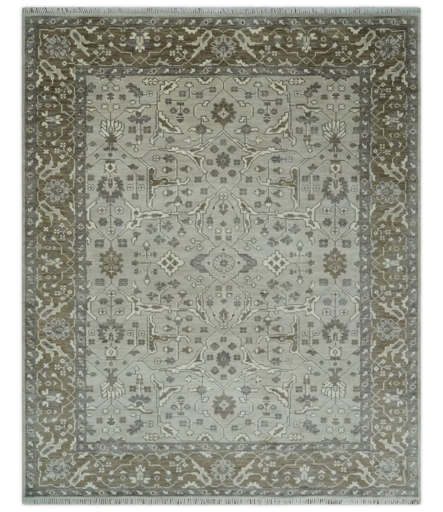 Antique Style Custom Made Traditional Silver and Brown Oriental Oushak Wool Area Rug