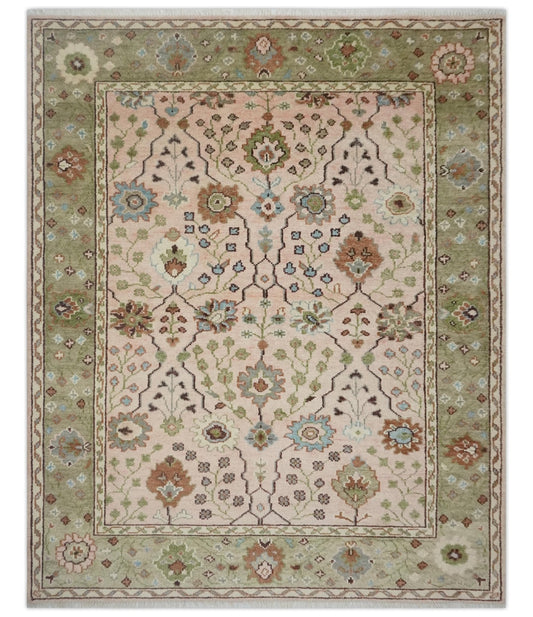 Antique Style floral Hand knotted Peach Pink and Green Custom Made Wool Area Rug