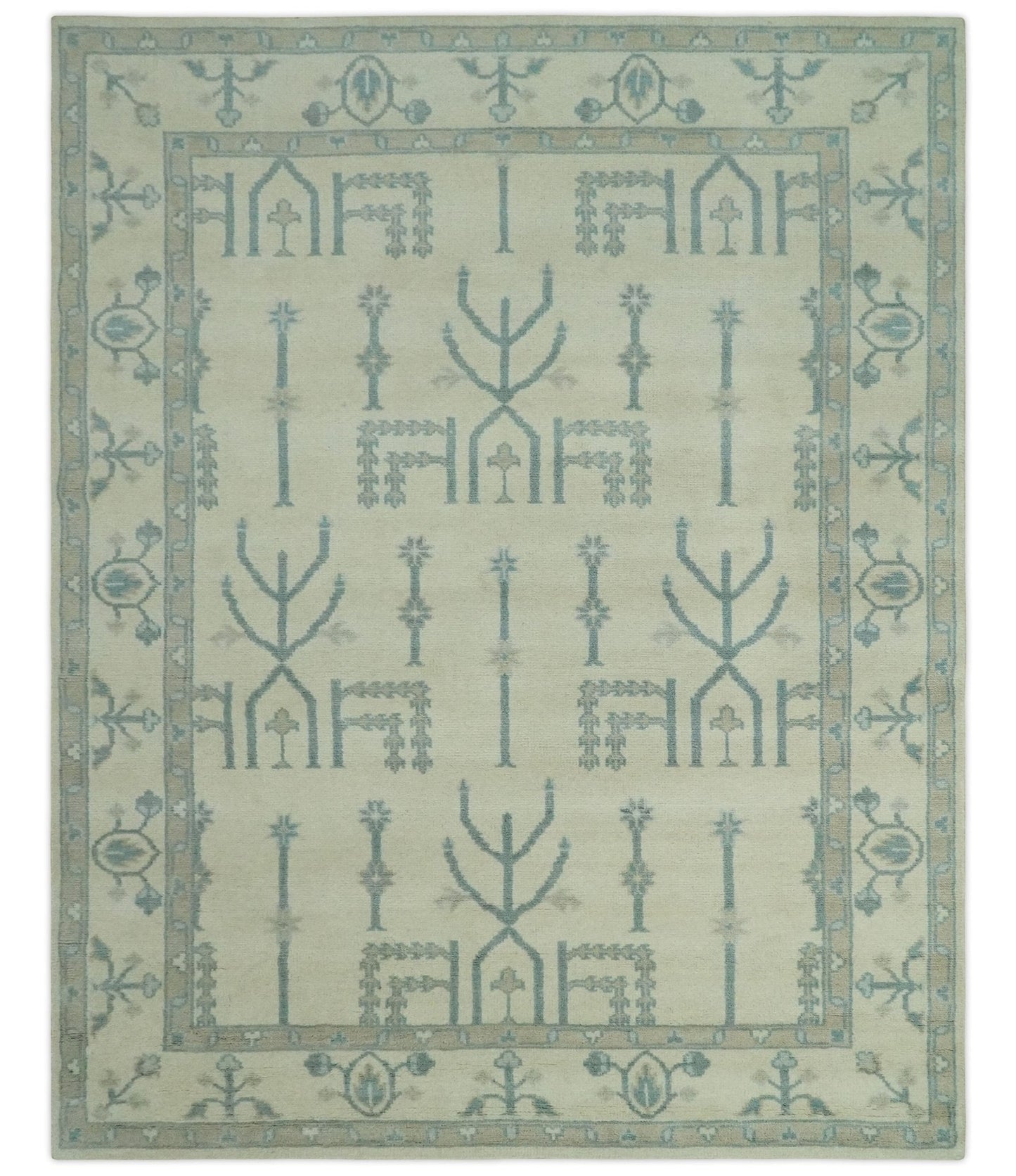 Antique Style Tree of life Beige and Teal Traditional Hand Knotted Custom Made wool Area Rug