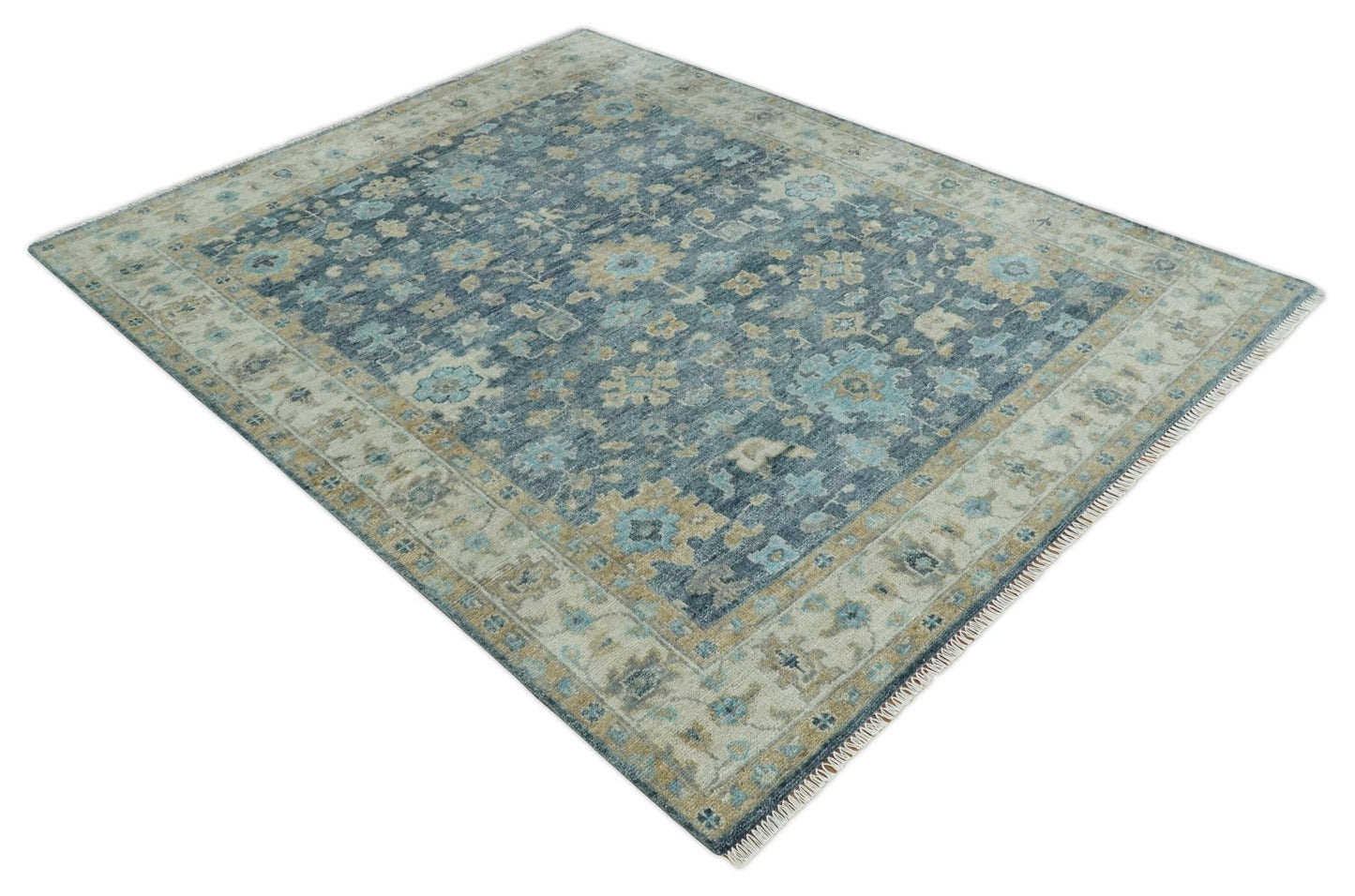 Antique Teal Blue Custom Made Hand Knotted Oriental Oushak  Ivory and Beige Wool Area Rug