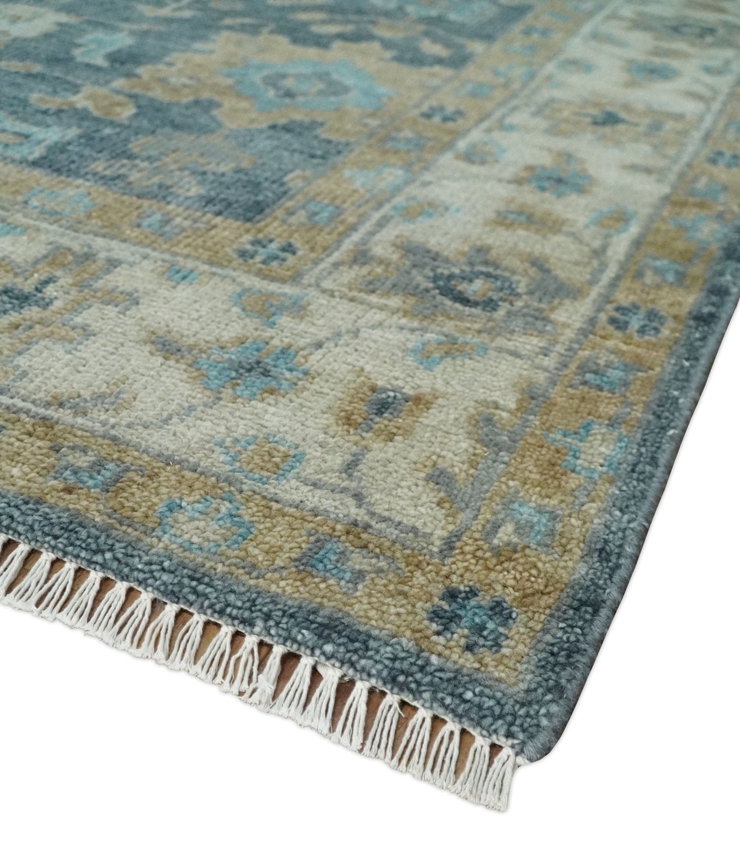 Antique Teal Blue Custom Made Hand Knotted Oriental Oushak  Ivory and Beige Wool Area Rug