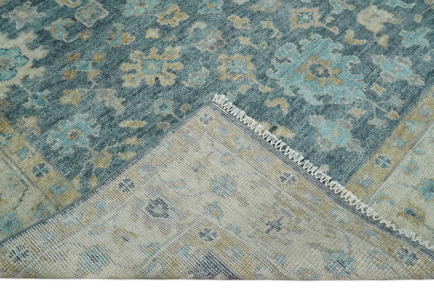 Antique Teal Blue Custom Made Hand Knotted Oriental Oushak  Ivory and Beige Wool Area Rug