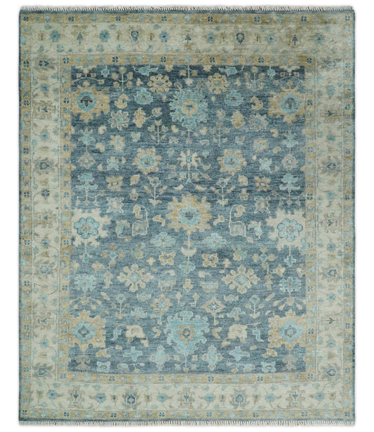 Antique Teal Blue Custom Made Hand Knotted Oriental Oushak  Ivory and Beige Wool Area Rug