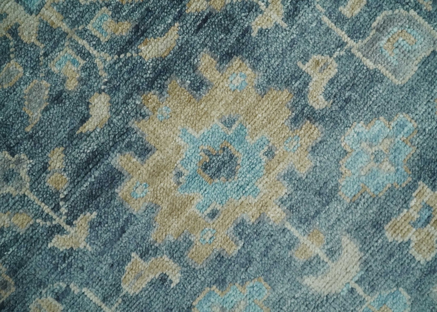 Antique Teal Blue Custom Made Hand Knotted Oriental Oushak  Ivory and Beige Wool Area Rug