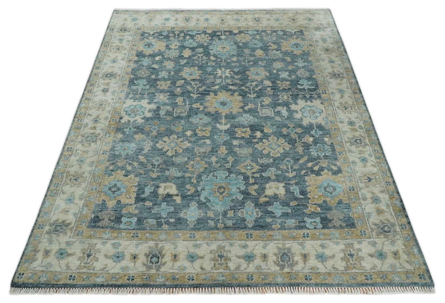 Antique Teal Blue Custom Made Hand Knotted Oriental Oushak  Ivory and Beige Wool Area Rug