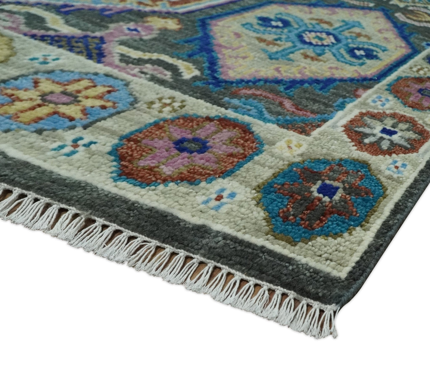 Antique look Charcoal, beige and Blue Hand knotted Traditional Oushak Custom Made wool Area Rug