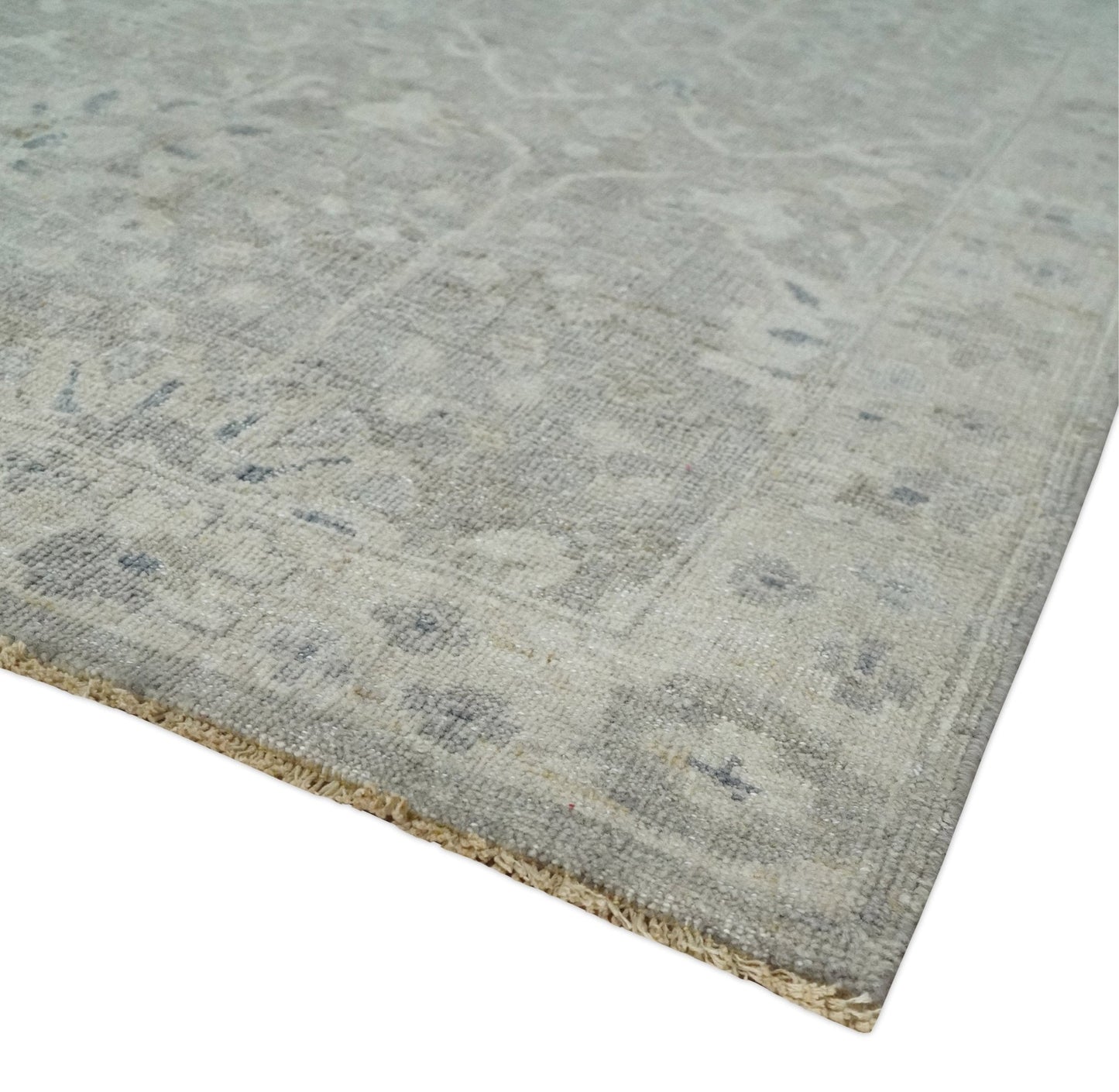 Beige and Silver Custom Made Antique Style Distressed Finished Low Pile wool Area Rug