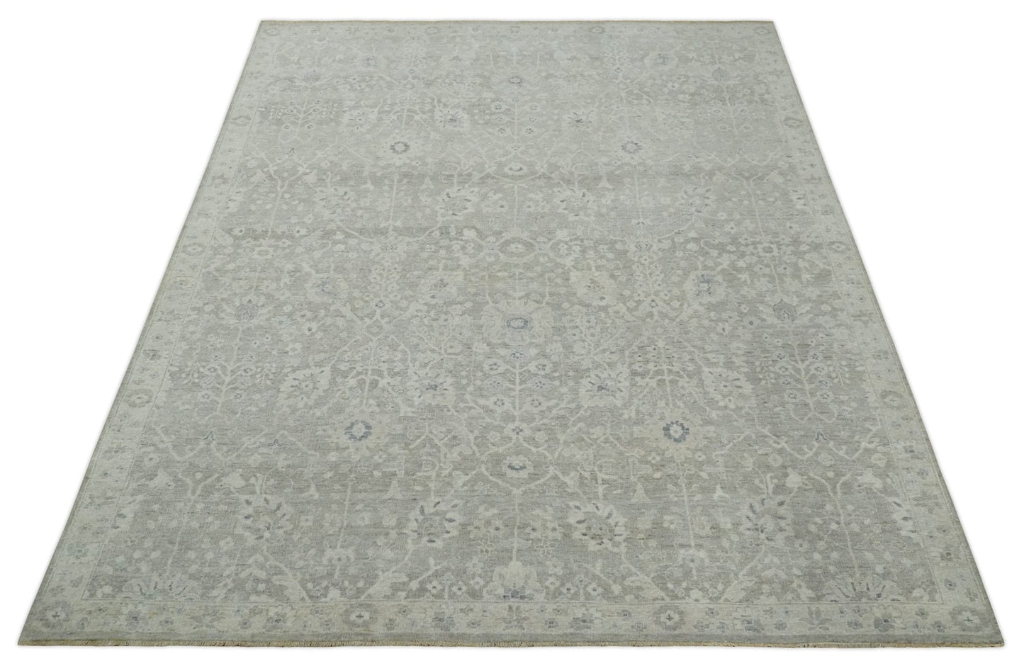 Beige and Silver Custom Made Antique Style Distressed Finished Low Pile wool Area Rug