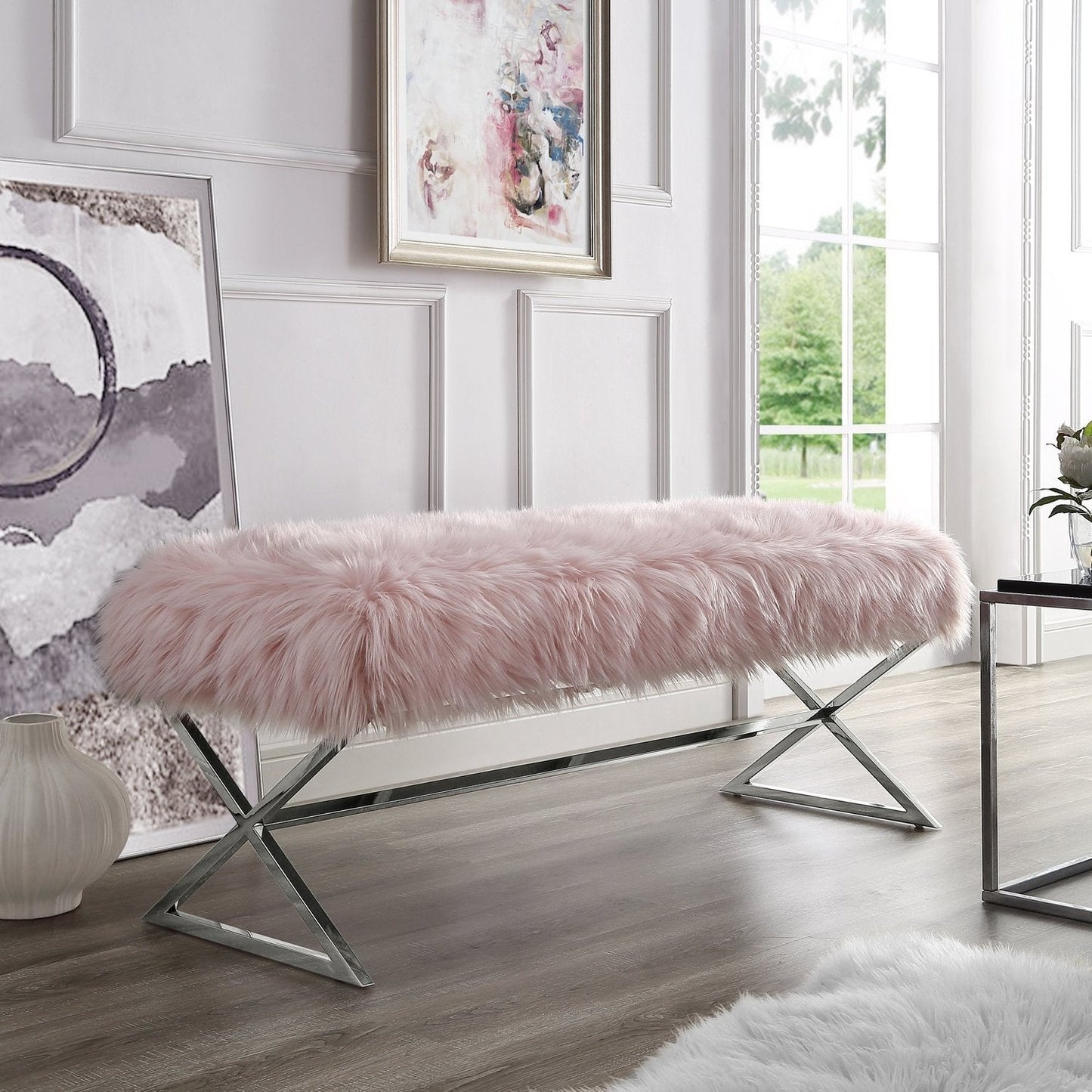 Aurora Faux Fur X-Leg Bench