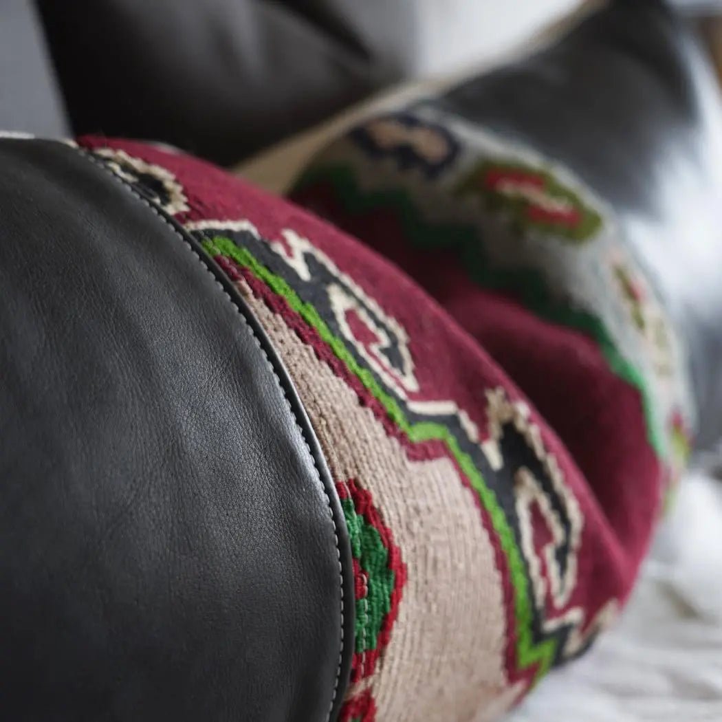 Vintage Kilim and Leather Lumbar Pillow - Unique Boho Accent