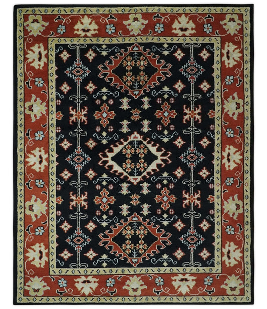 Black, Rust and Beige Traditional Oriental Hand Knotted Custom Made Wool Area Rug