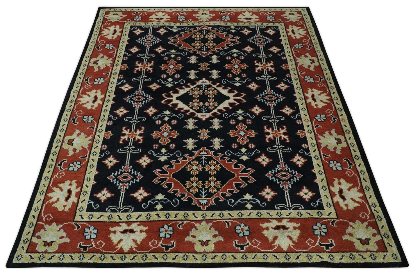 Black, Rust and Beige Traditional Oriental Hand Knotted Custom Made Wool Area Rug