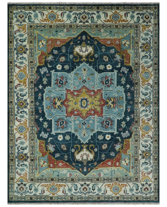 Custom Made Blue and Ivory Hand Knotted Modern Turkish Medallion Design Wool Area Rug
