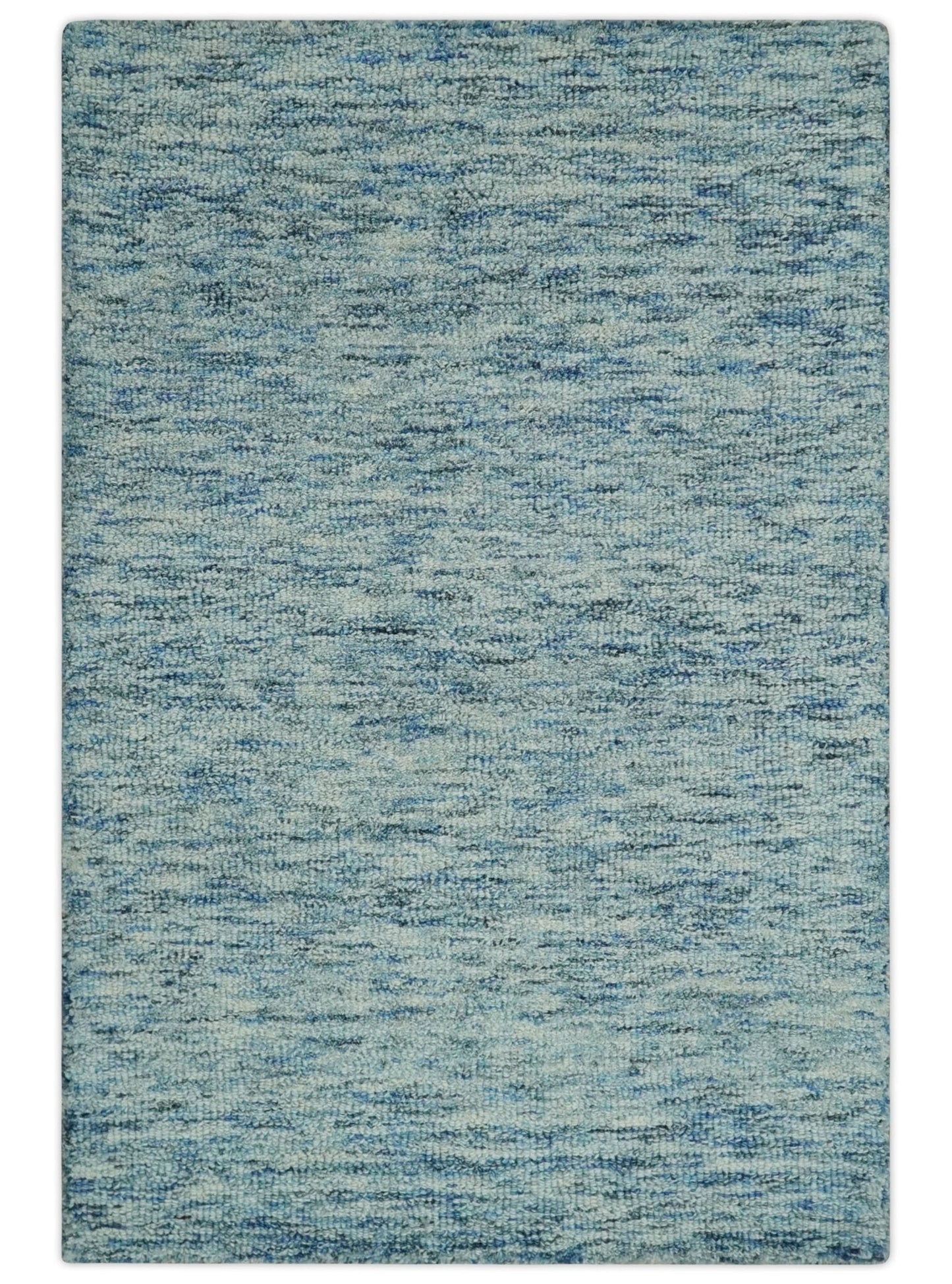Custom Made Blue and Ivory Shaded Solid Wool Hand Woven Layering Area Rug
