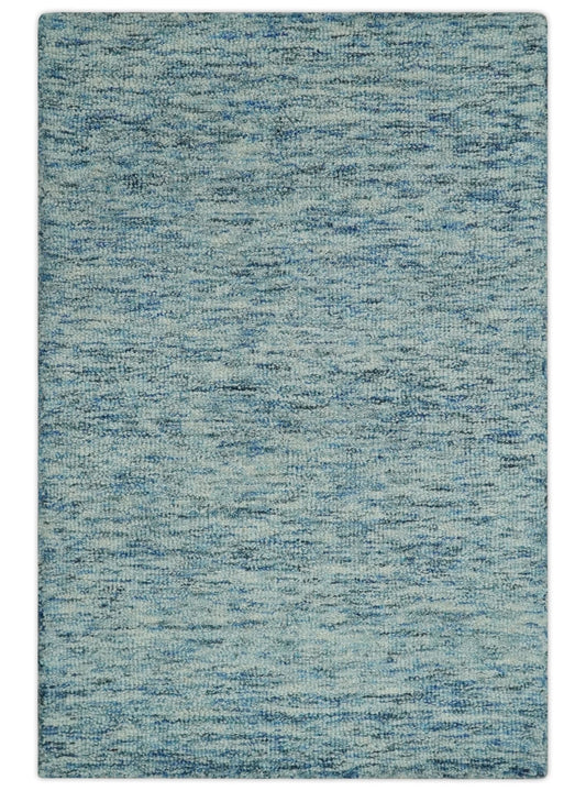 Custom Made Blue and Ivory Shaded Solid Wool Hand Woven Layering Area Rug