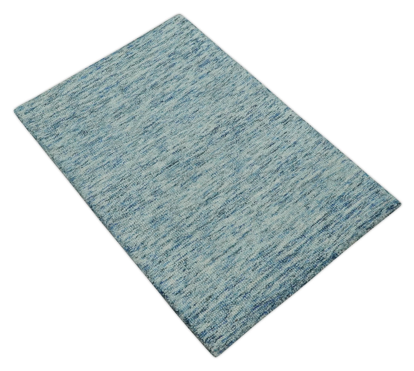 Custom Made Blue and Ivory Shaded Solid Wool Hand Woven Layering Area Rug
