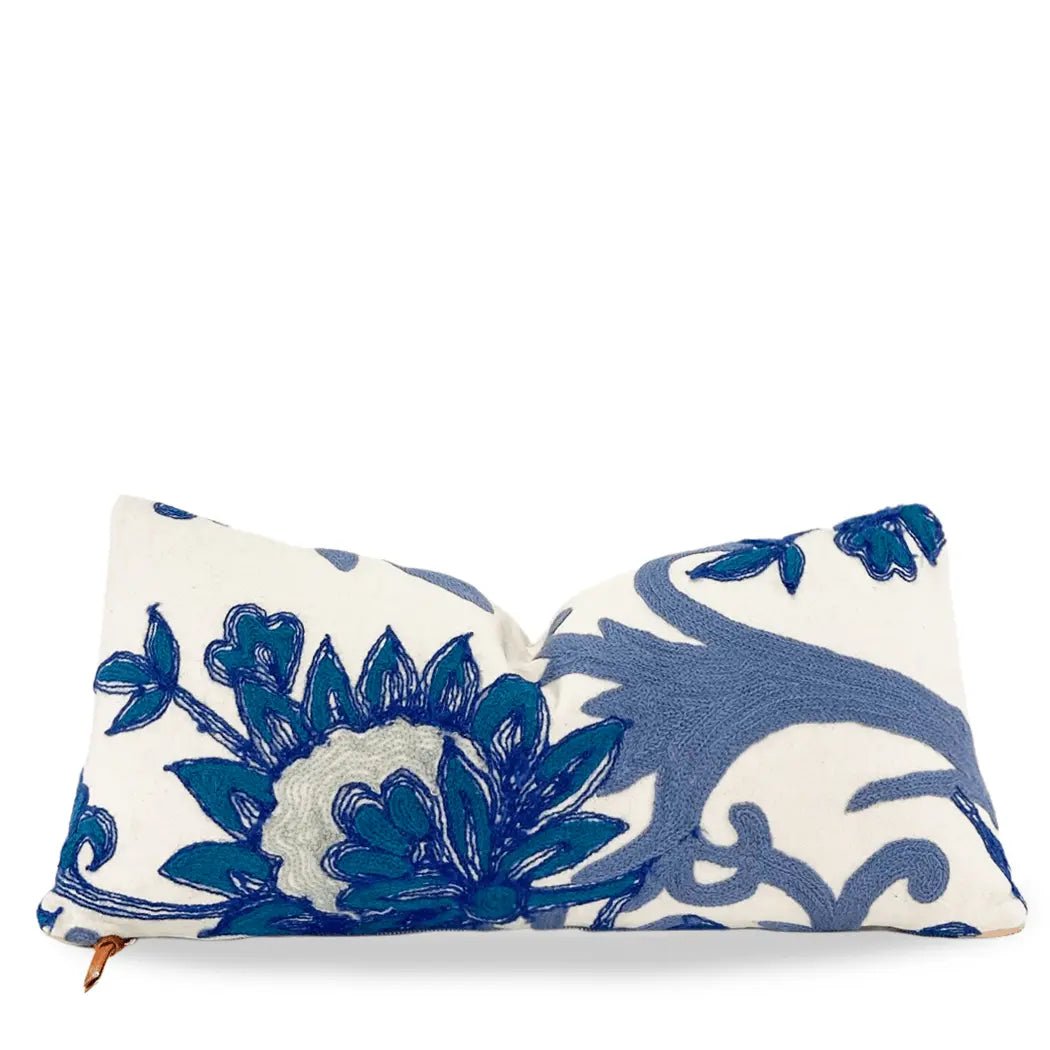 Blue And White  White Floral Embroidered Throw Pillow