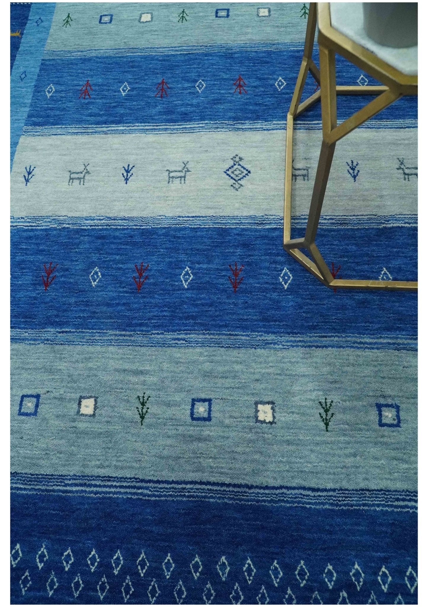 Blue, Gray and Silver Stripes design Tribal Gabbeh Traditional Custom Made Wool Area Rug