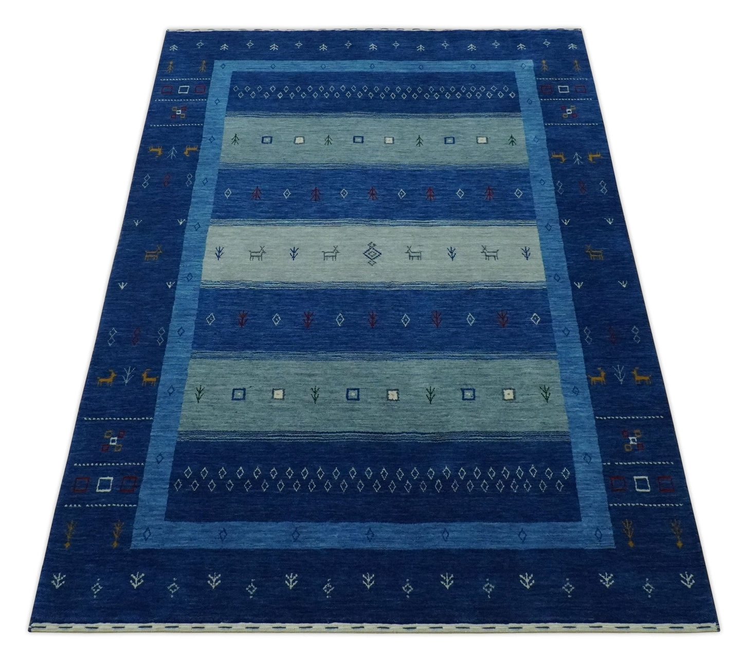 Blue, Gray and Silver Stripes design Tribal Gabbeh Traditional Custom Made Wool Area Rug