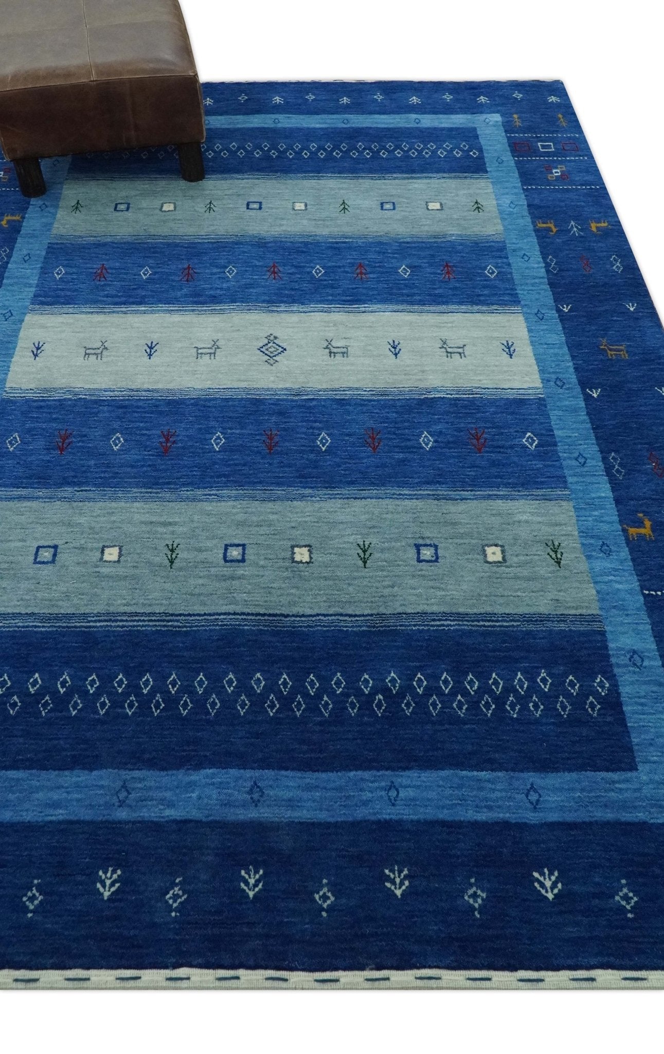 Blue, Gray and Silver Stripes design Tribal Gabbeh Traditional Custom Made Wool Area Rug