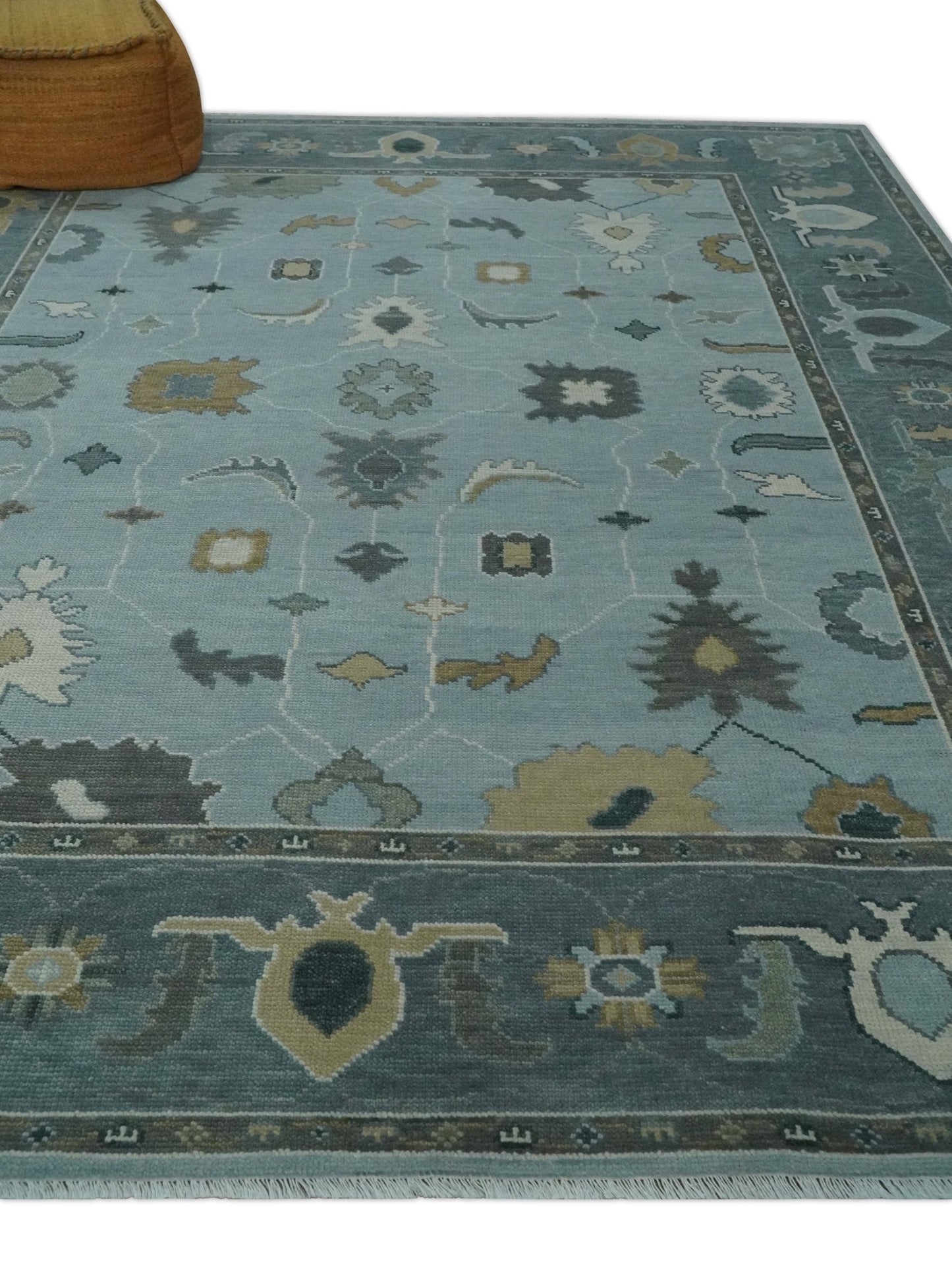 Bluish Gray and Aqua Hand knotted Oriental Oushak Custom Made wool Area Rug