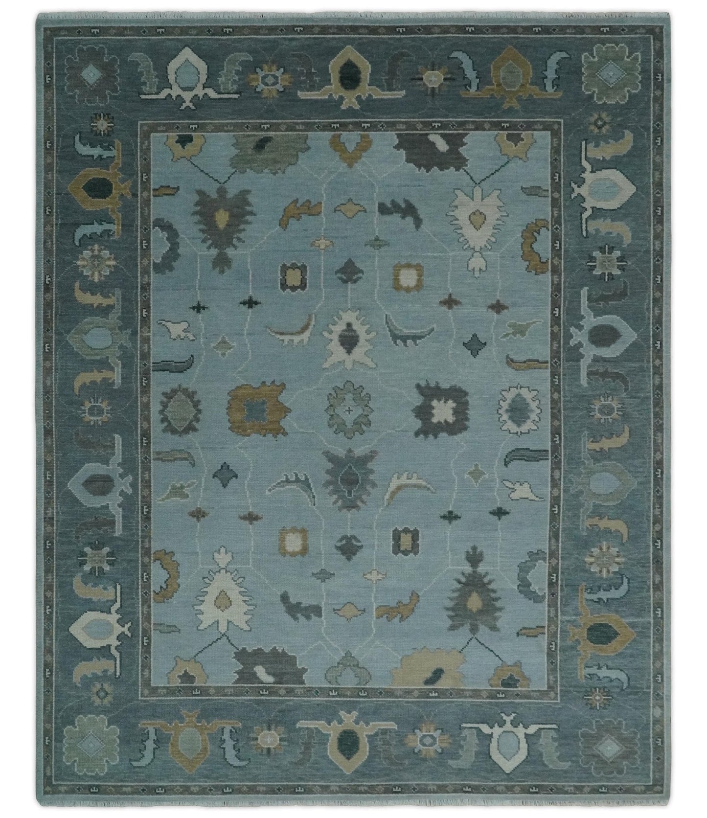 Bluish Gray and Aqua Hand knotted Oriental Oushak Custom Made wool Area Rug