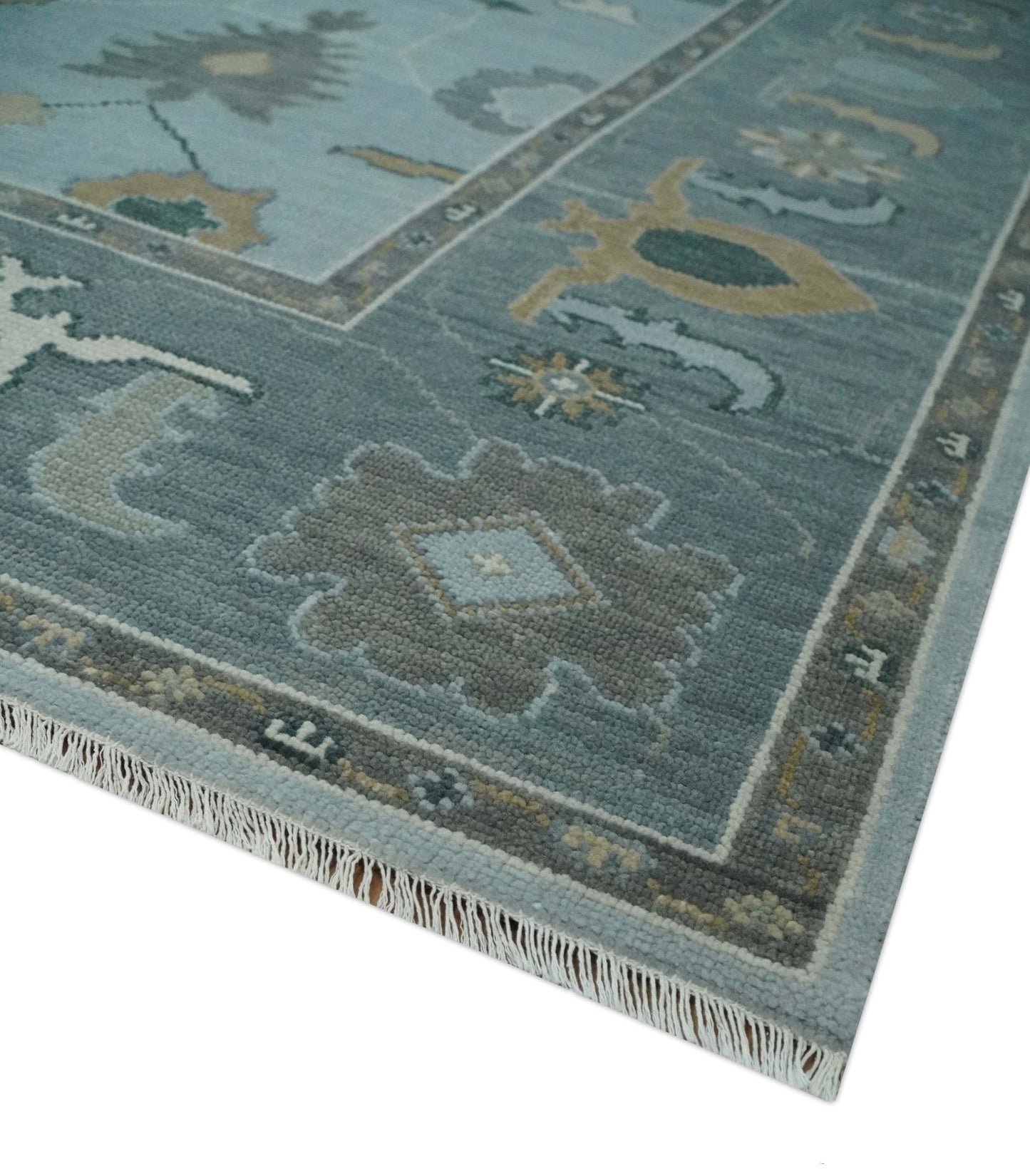 Bluish Gray and Aqua Hand knotted Oriental Oushak Custom Made wool Area Rug